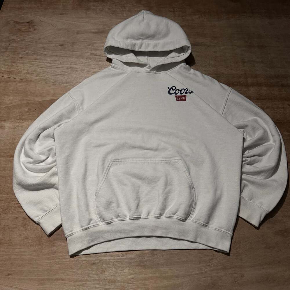 Coors Banquet Y2K Style White Graphic Hoodie Large Beer Mountain Back Print